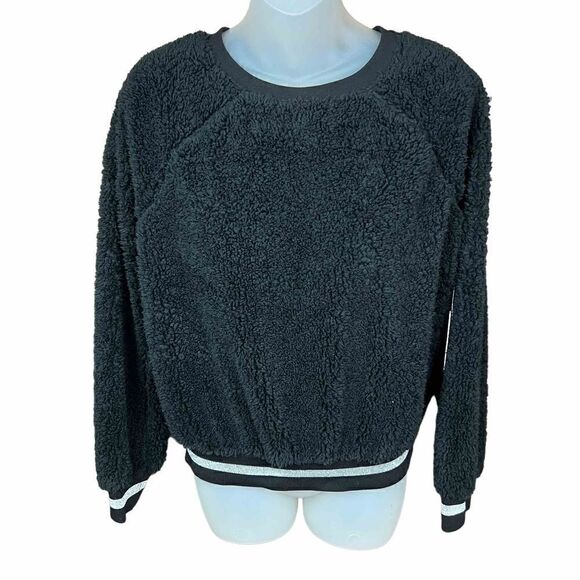 1. State Teddy Fuzzy Sweatshirt Pullover Top Black Silver Metallic Trim Small - Picture 6 of 16